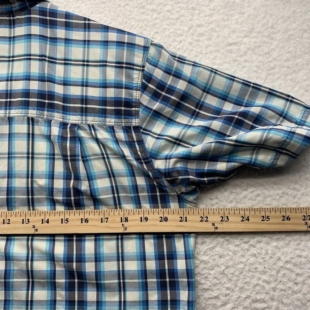 The North Face Button Up Shirt Mens Small Blue White Plaid Tencel Hiking Camping